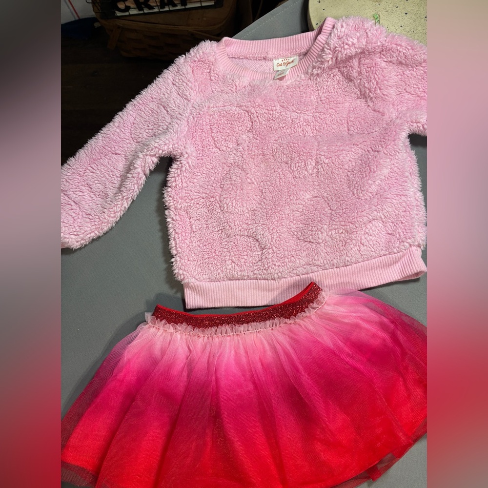 Cat & Jack Pink Heart Sweater (18 mo)  & Pink / Red Tutu Skirt Bundle | 12M–2T